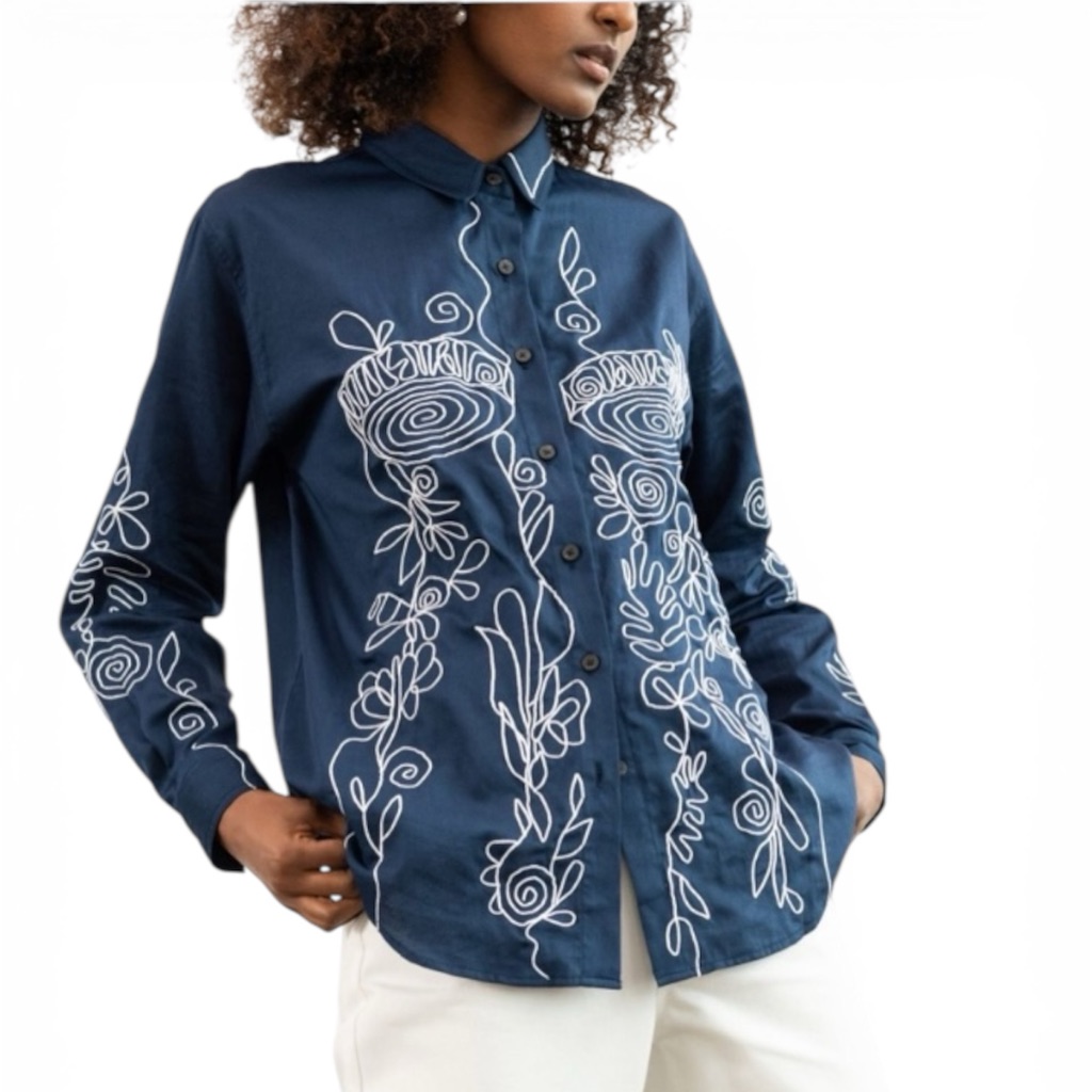Mara Hoffman Margot Embroidered Organic Cotton Blouse Navy Size Xs
